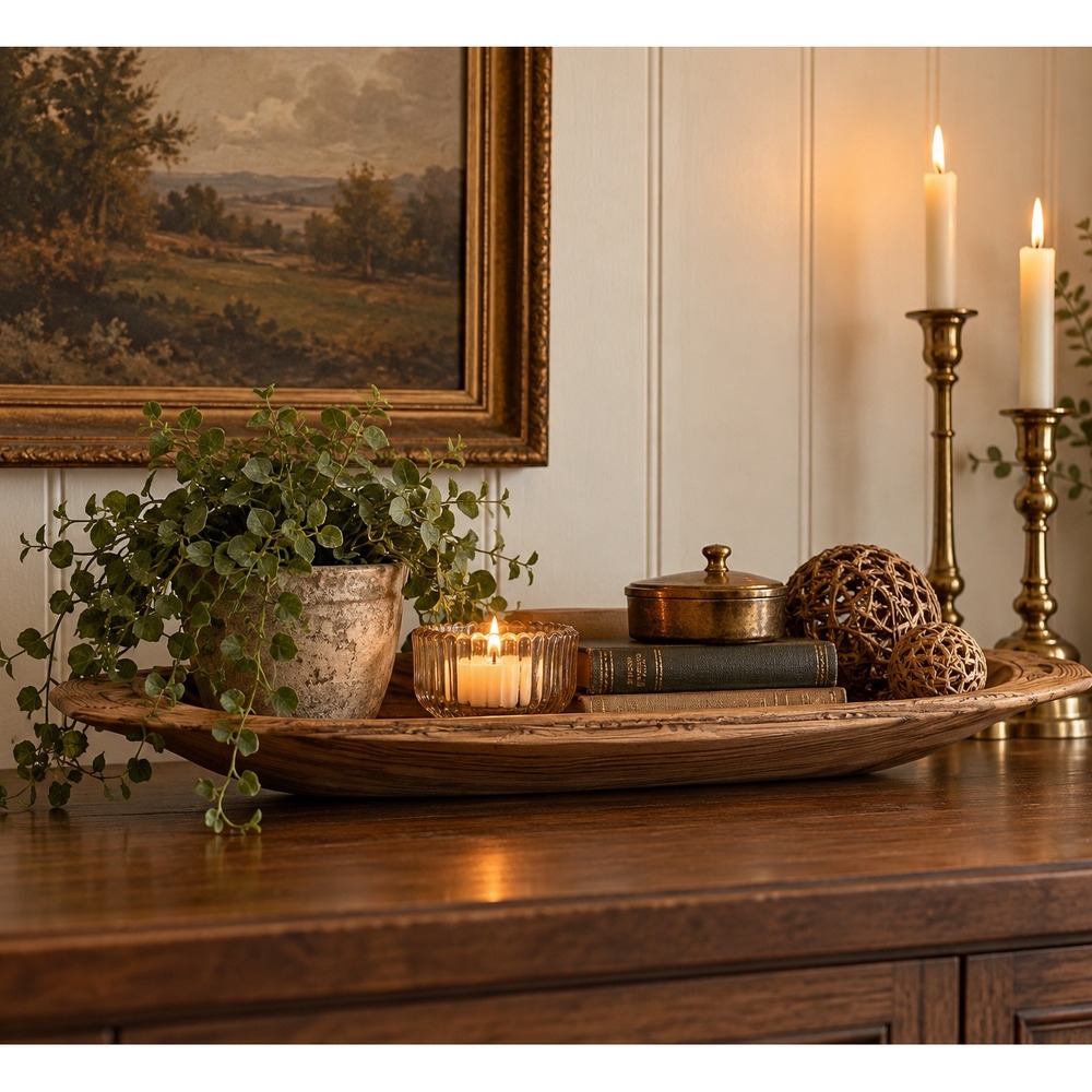 Carved Wood Decorative Tray / Dough Bowl – Rustic Vintage Farmhouse Decor